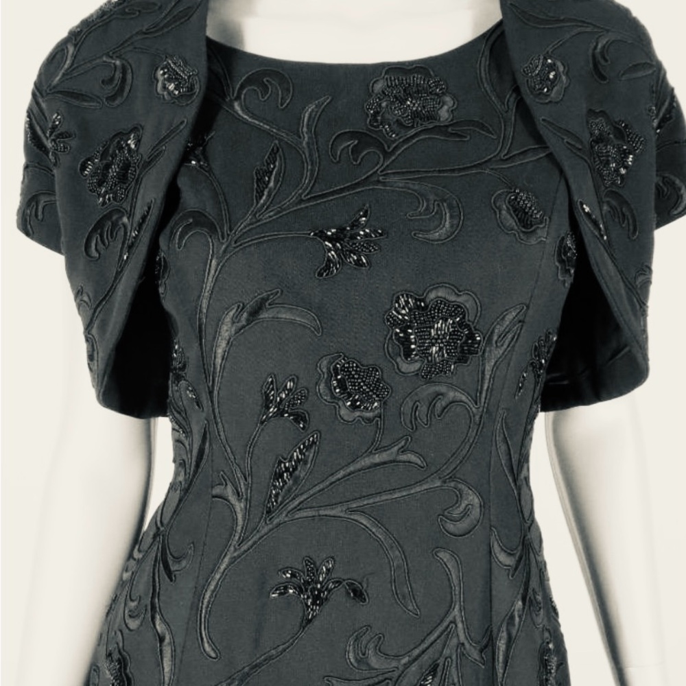 Carmen Marc Valvo Black Embroidered Dress with Matching Bolero Jacket – Size 8